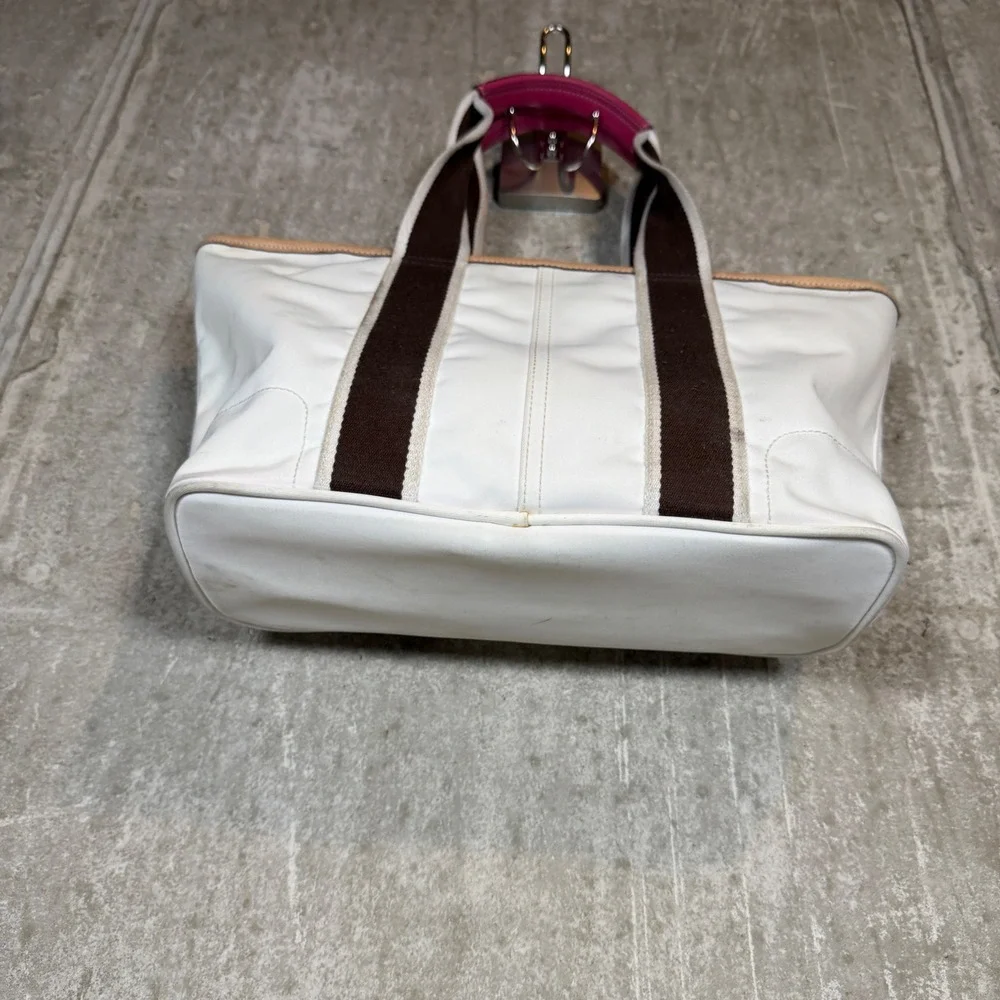 Coach 6261 reversable White Canvas Tote Bag Brown Stripe Pink Leather vtg Y2K - Picture 5 of 7